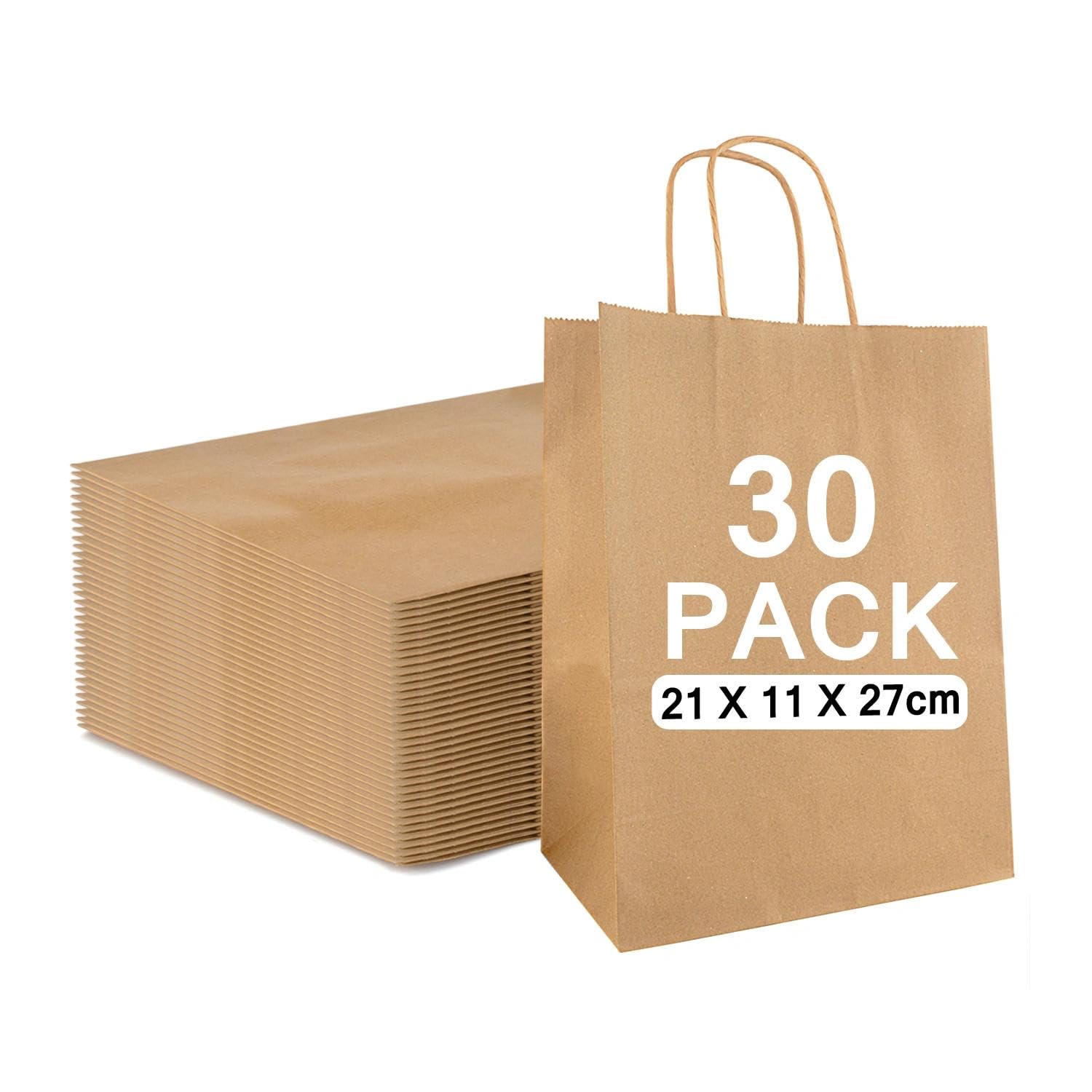 30 Pcs Brown Paper Bags With Handles, 130GSM(21×11×27cm), Paper Gift Bags, Eco-Friendly Kraft for Gifts, DIY, Party, Shopping, Retail, Grocery, Wedding, Easter, Birthday and Takeaway