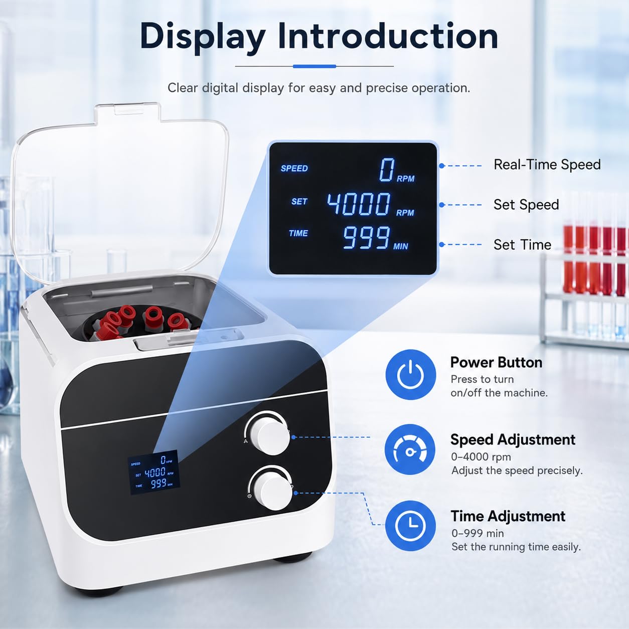 Centrífuga profesional de laboratorio, 4000 RPM con temporizador digital y pantalla, para tubos de sangre de 8 x 20 ml, ideal para terapia PRP y uso clínico