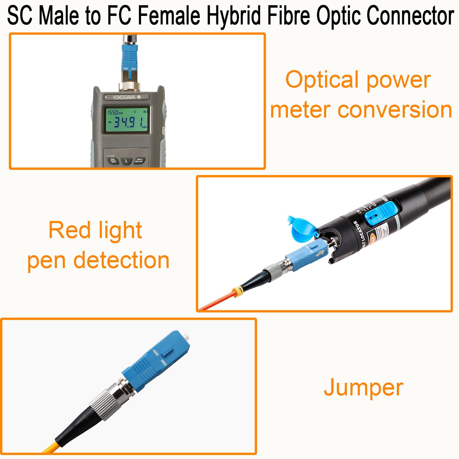 QIANRENON SC Maschio a FC Femmina Fibra Ottica Ibrida Adattatore Connettore SM 9/125μm SC/UPC a FC/UPC Fibra Ottica Simplex Accoppiatore Convertitore, per Ottica Potenza Misuratore Rossa Luce Penna