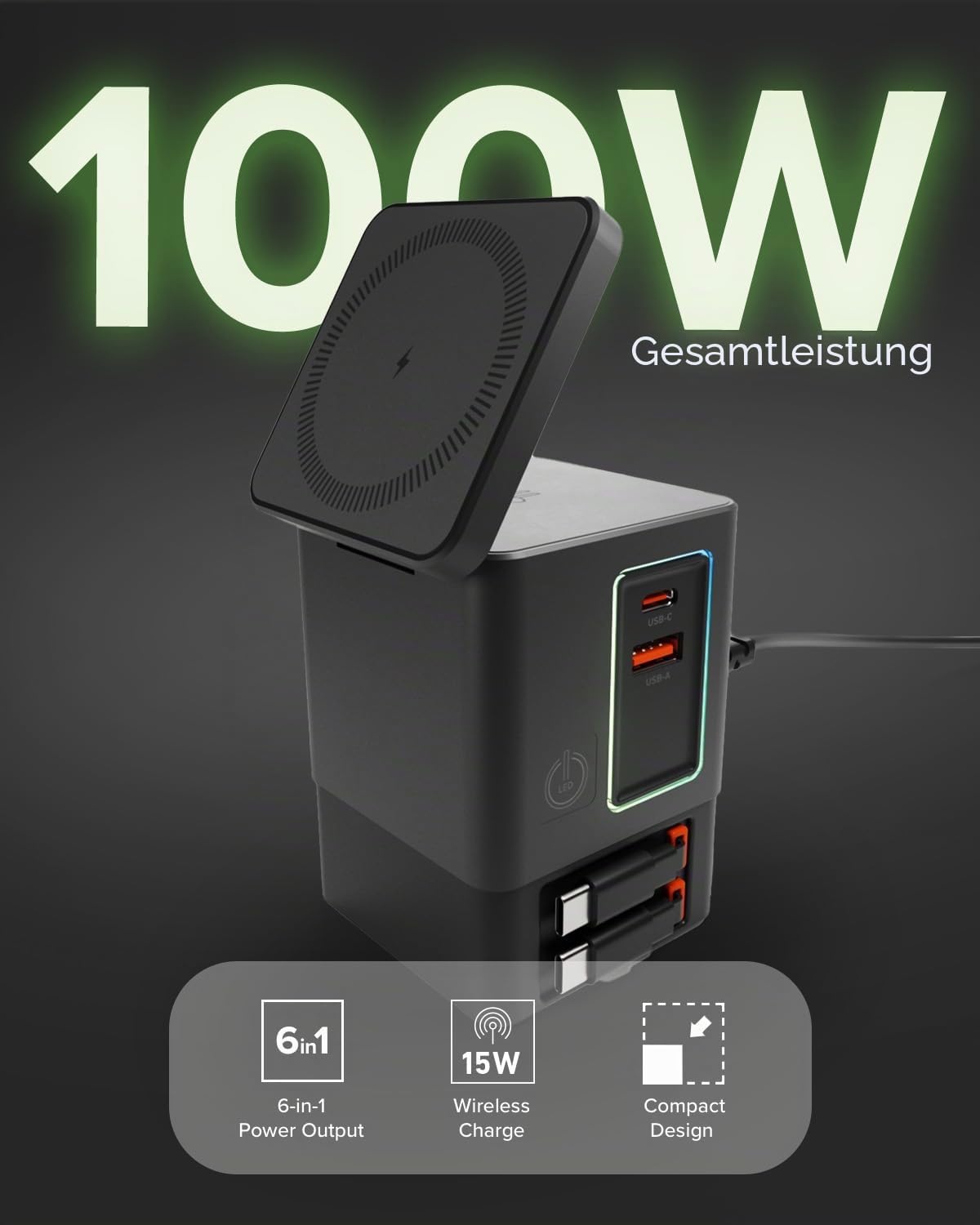 SBS Power Dock 6in1 100W USB-C, Kabelloses Laden 15W, MagSafe-kompatibel, Power Delivery (PD 3.0 PPS), Ladestation mit 2X Einziehbarem Kabel, Netzteil für Notebook, iPhone, AirPods, Schwarz | Power Delivery (PD 3.0 PPS), Ladestation mit 2 einziehbaren Kab