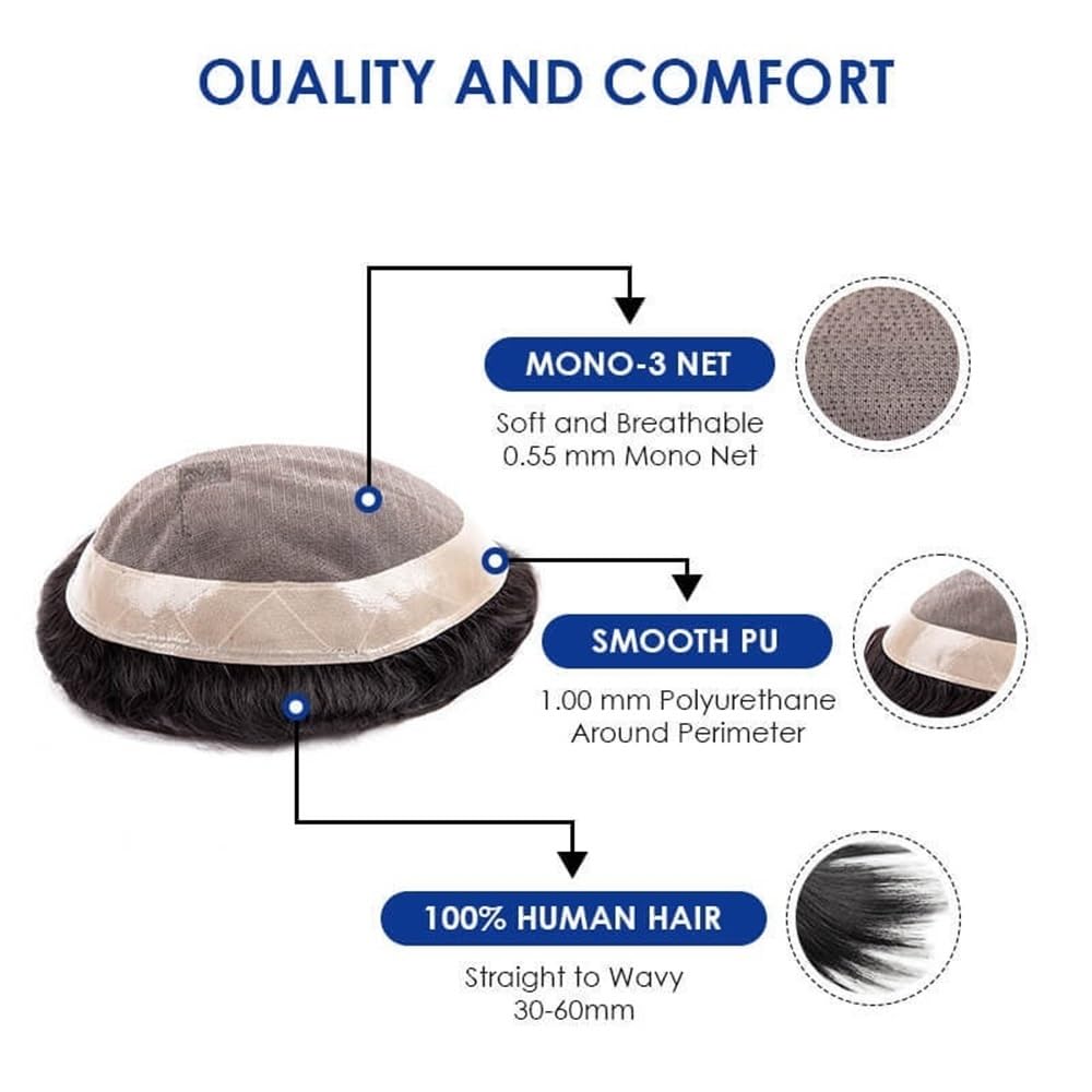 Men's Toupee Protesi for capelli maschili, parrucca maschile, pizzo mono con PU intorno ai capelli maschili, capelli umani(7x10)