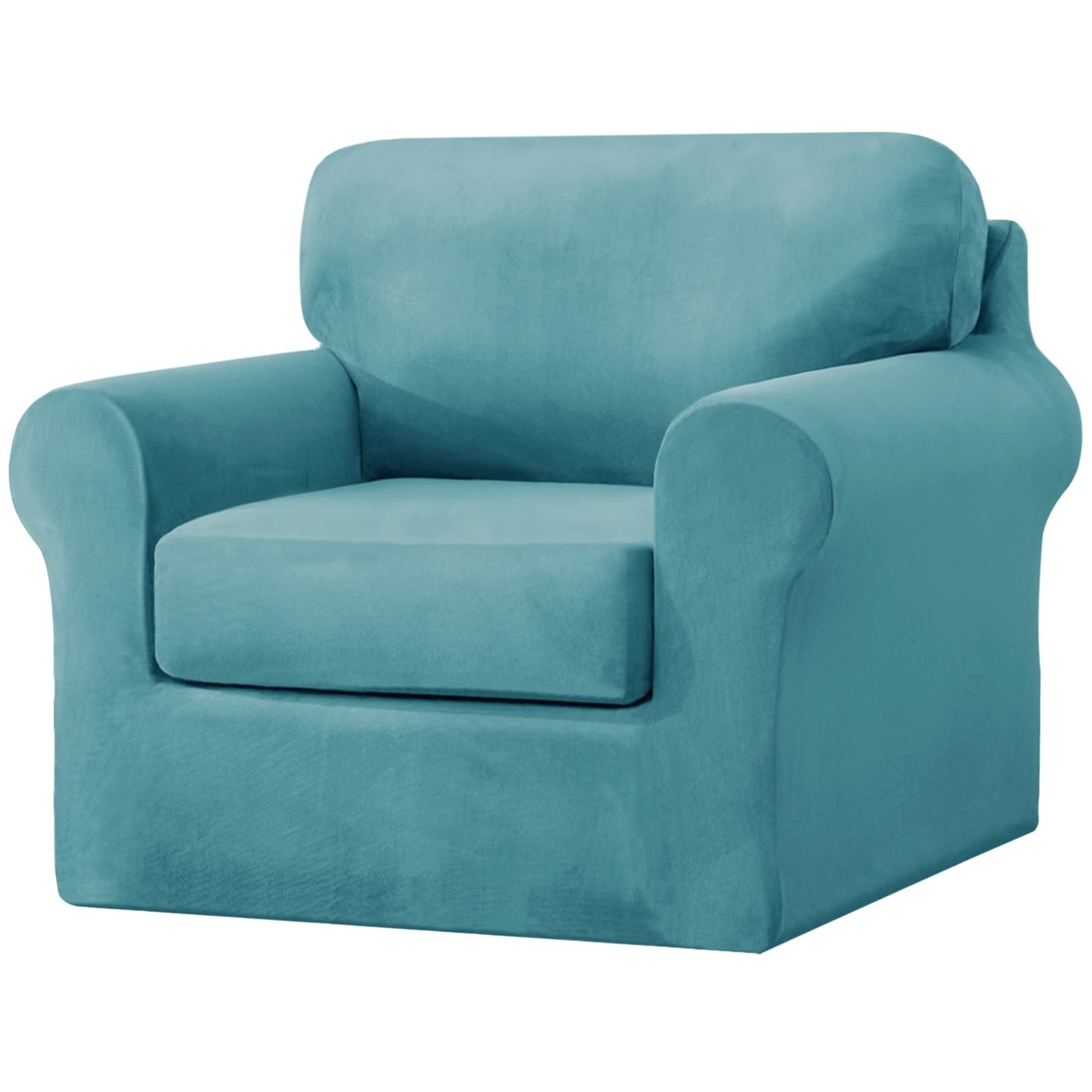 Topchances Armchair Covers 1 Seater 3 Pieces Set - Super Soft Stretch Velvet Armchair Sofa Slipcovers Chairs Cover with Separate 1 Backrest Cover and 1 Seat Cushion Cover for Living Room (Blue Green)