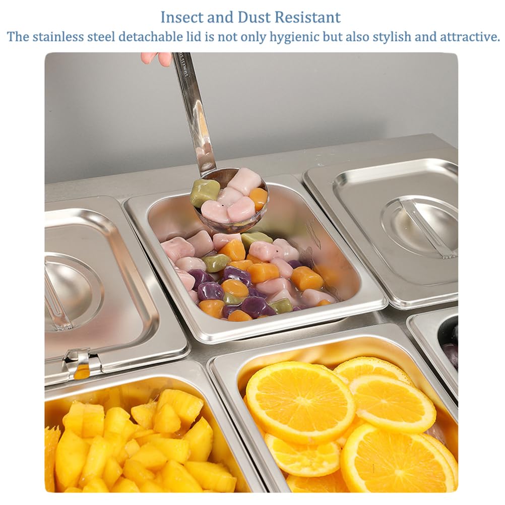 Juego de especias de acero inoxidable con estante organizador inclinado, incluye 6 sartenes y 6 cucharones para salsas, ingredientes, frutas y aderezos