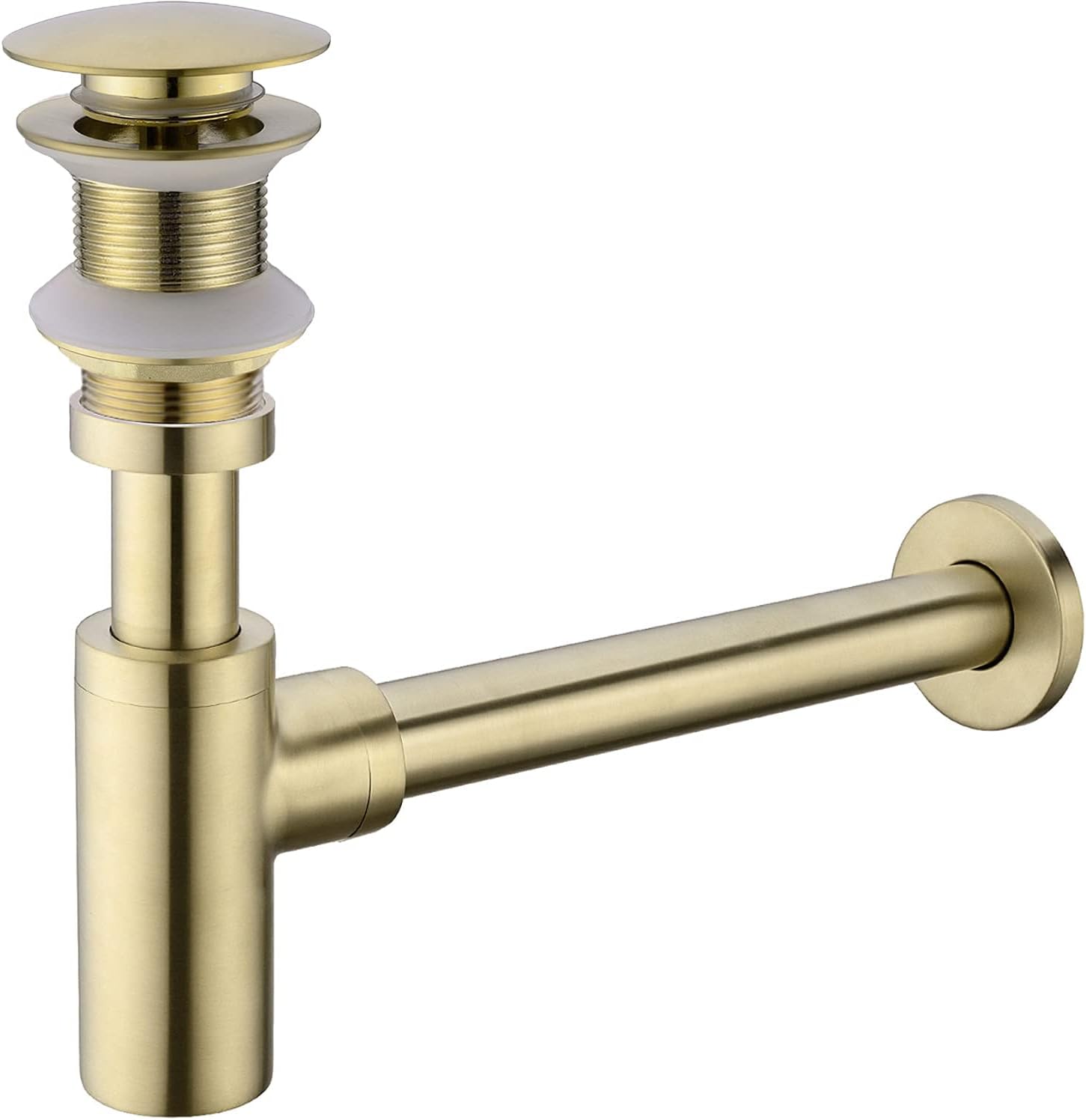 Brass Brushd Gold Bottle P Trap with Unslotted Pop Up Drain Bundle for no Overflow Bathroom Vanity Sink, Anti-Odor Wall Siphon Drainage