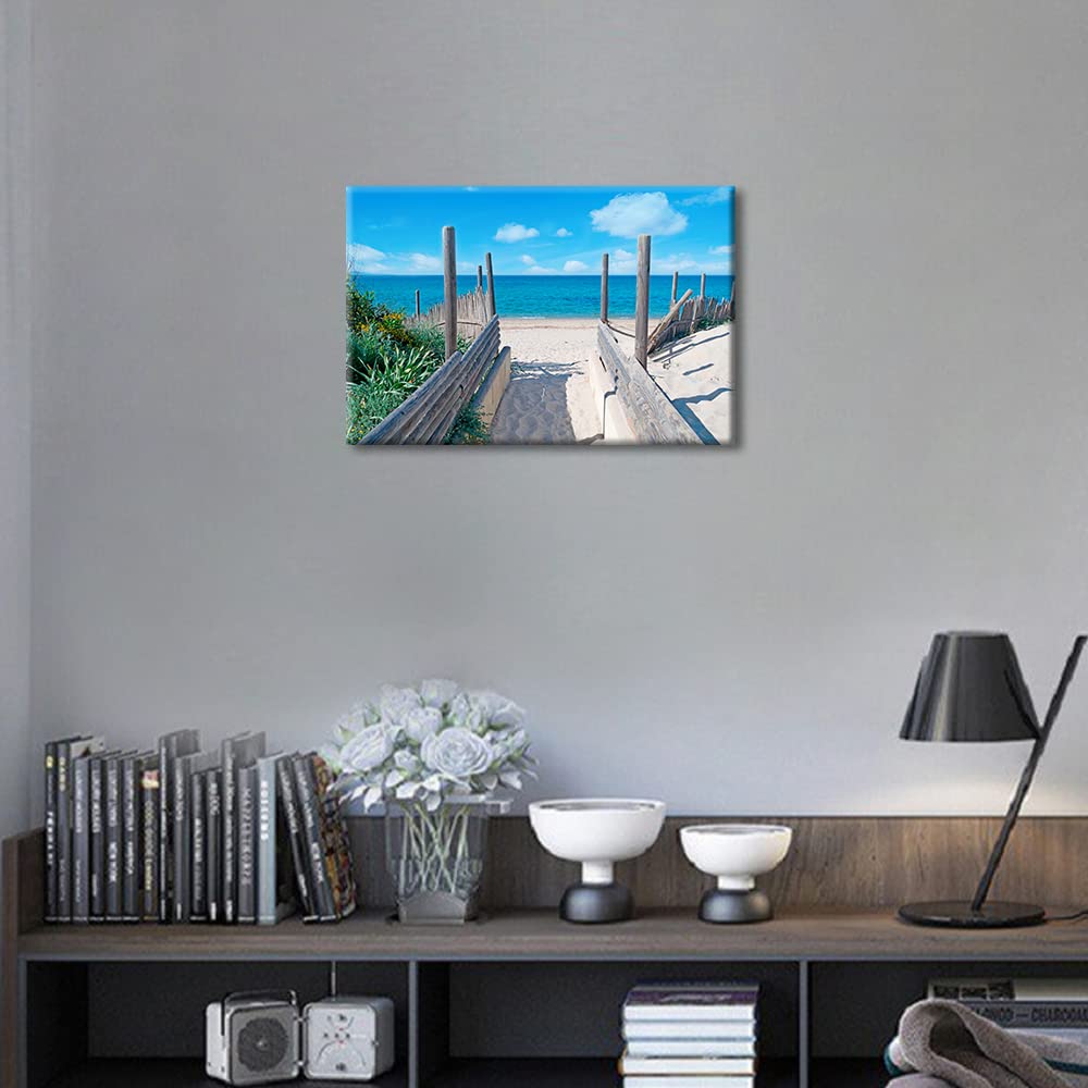 TISHIRON Beach Pathway Canvas Wall Art Seascape Painting Seaside Fence Artwork Picture Print for Living Room Bedroom Home Office Wall Decor Modern Coastal Landscape Ready to Hang (12X8in) - Image 3