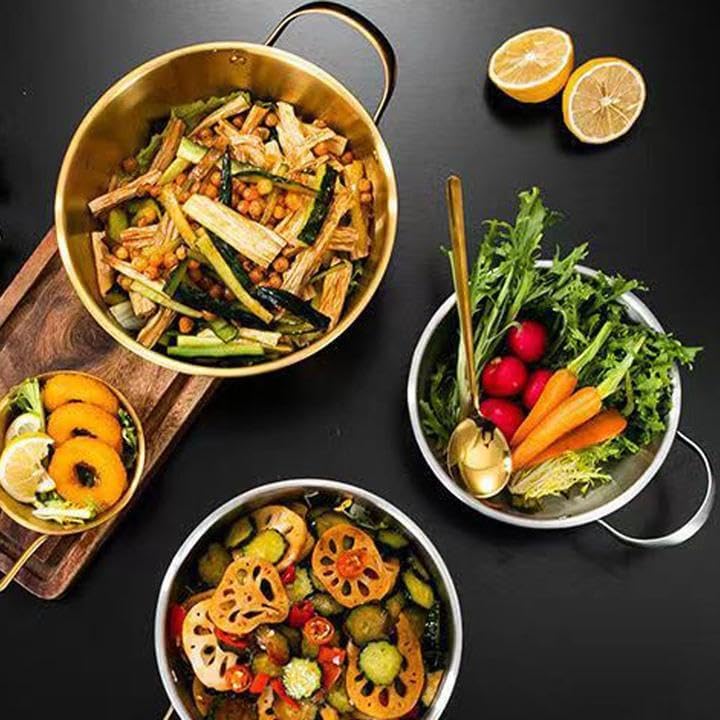 Miniatura 4 de MBBITL Ensaladera redonda dorada de 6.7 pulgadas con asa para mezclar alimentos, pasta, salsas de frutas