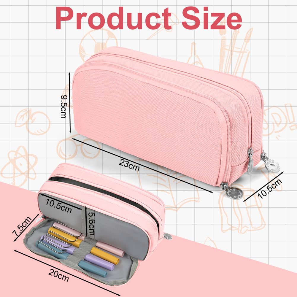 OFFCUP Large Capacity Pencil Case, Pencil Pouch for Girls Boys Adult, Pencil Cases with 3 Compartments, Simple Pencil Bag Makeup Bag Pen Holder Pencil Case Stationery Organizer School Supplies (Pink) - Image 2