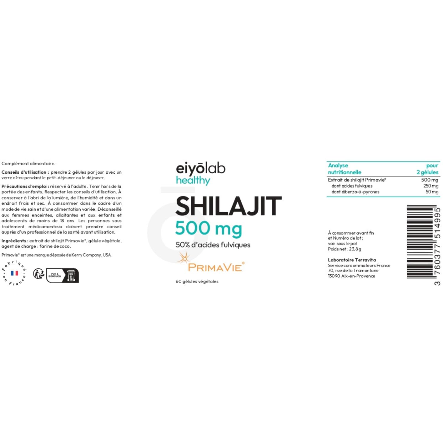 Shilajit Breveté PRIMAVIE® | Extrait Pur en Gélules | Immunité, Musculation et Articulations | Riche en Acide Fulvique (50%) et en Acide Humique (10%) | 60 Gélules Végétales | Eiyolab