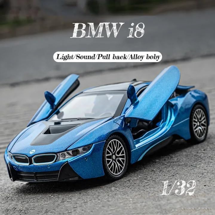 Image of 1:32 B.M.W i8 - Blue Alloy Diecast Pullback Metal Car Toy with Sound Light & Opening Doors - Great Gift Toy for Kids