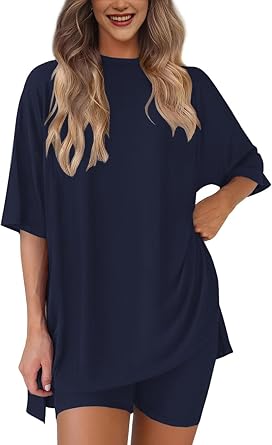 Lrady Womens 2 Piece Lounge Set Summer Casual Loose Oversized Shirts Biker Shorts Matching Travel Outfits Tracksuit
