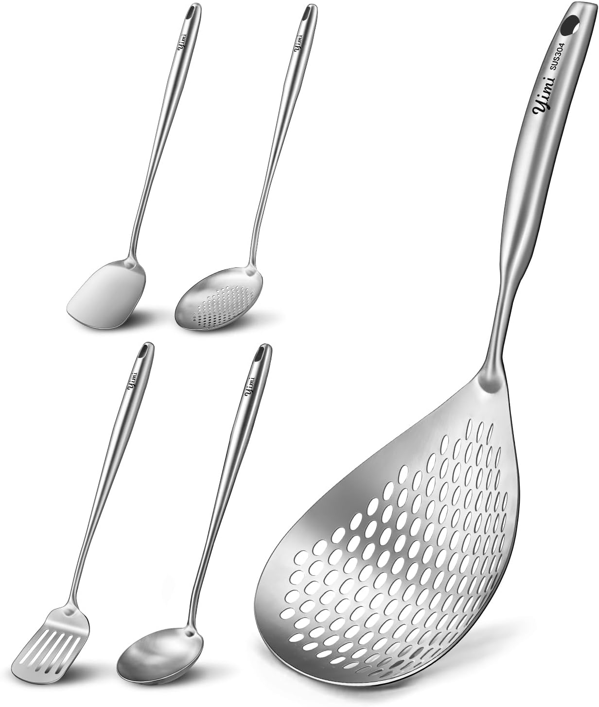 Yimi17inch Extra Long Handle Wok Utensils Tools(4-Piece) and Large Skimmer Slotted Spoon 15 Inch