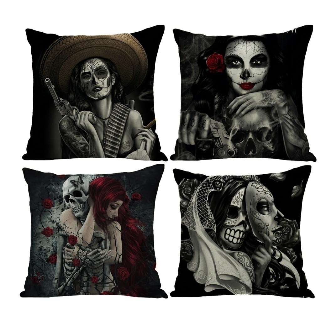 Prk 14 Black Cushion Covers 4 Pcs Halloween Tattoo Gothic Pillow Throws For Livingroom Bedroom Couples Sofa Horror Scary Pillowcase Set 45 X 45Cm