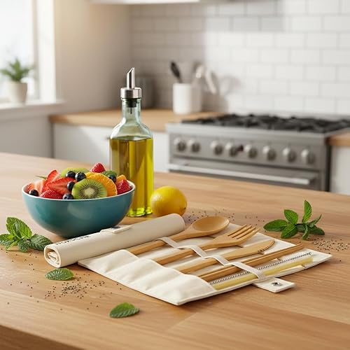 Miniatura 5 de Juego de utensilios de bambú reutilizables para viaje, kit de cubiertos portátiles ecológicos con tenedor de madera, cuchara, cuchillo, palillos y