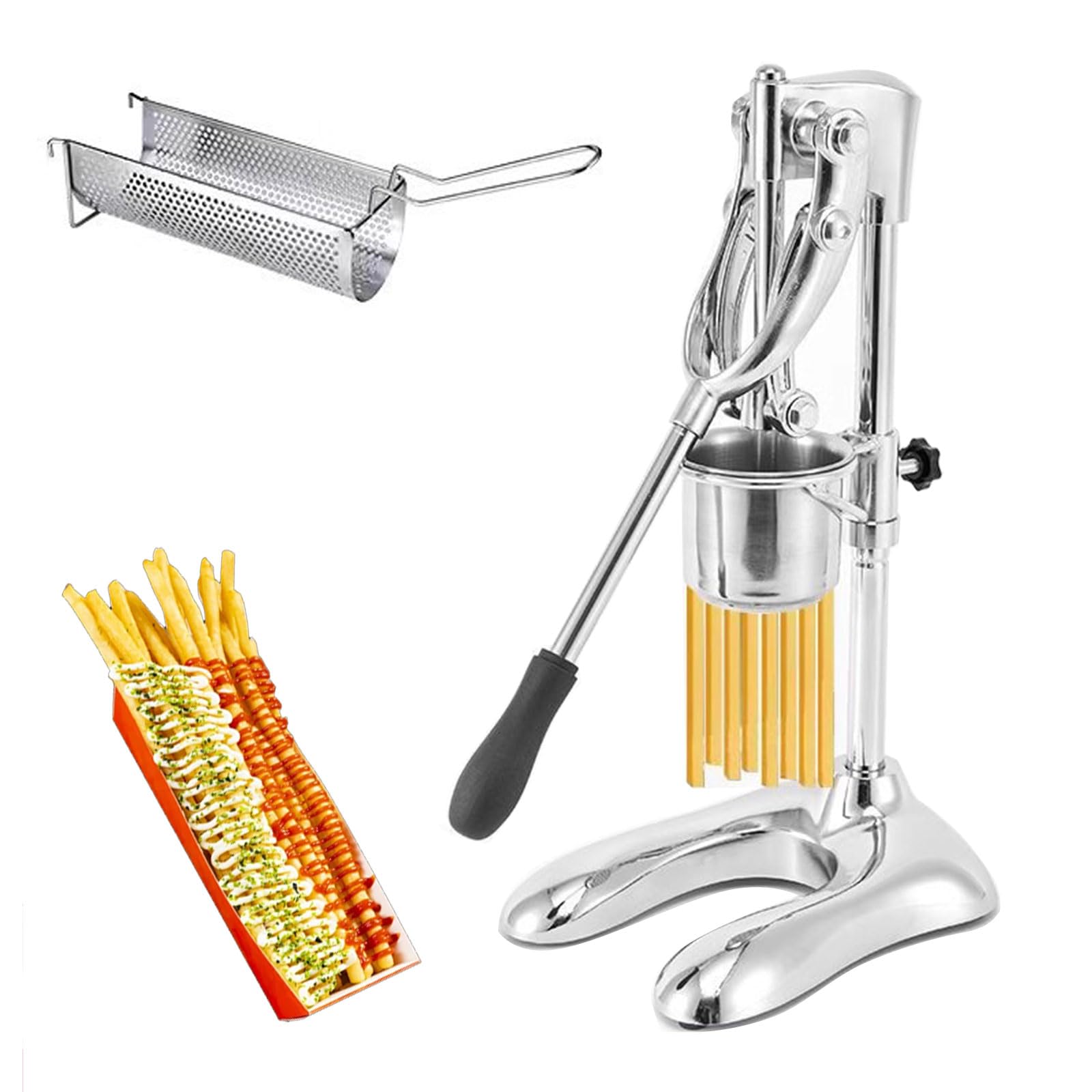 Prensa de patatas fritas de acero inoxidable de 30 cm con cesta a juego para cocinas comerciales