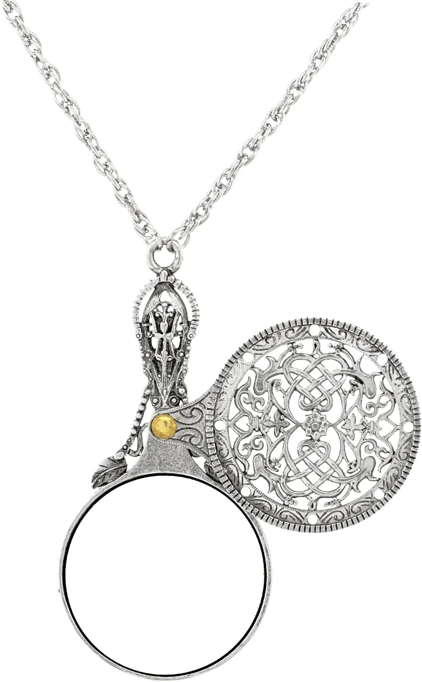 1928 Jewelry Women's Pewter Mirror With Sliding Filigree Cover Necklace Pendant Enhancer, 30