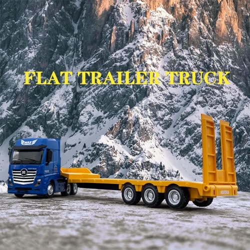 Image of Flattrailer Heavy Duty Semi Trailer Tractor Truck w / Excavator - Metal Construction Vehicle Toy for Kids
