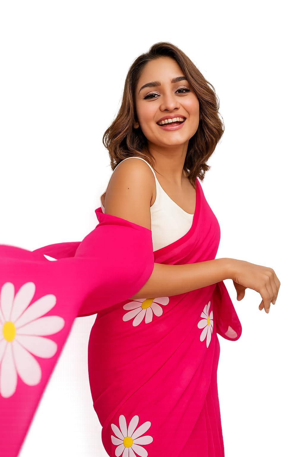 AKHUGA Lilan Cotton Saree with White Daisy Floral Prints Tassel Pallu Lightweight Summer Saree