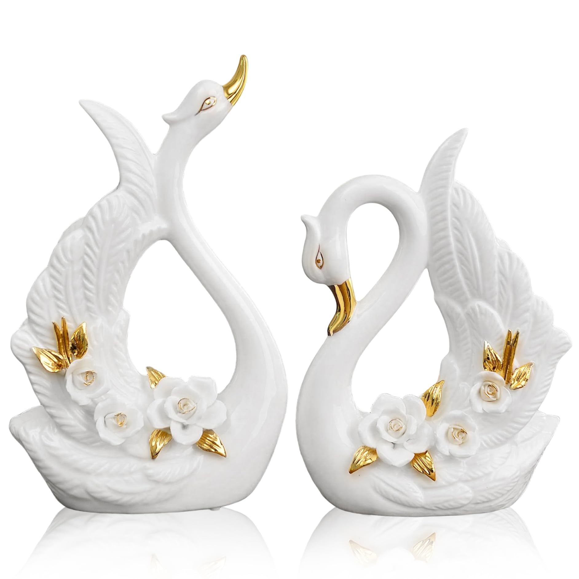Statue élégante de couple de cygnes en céramique pour salon