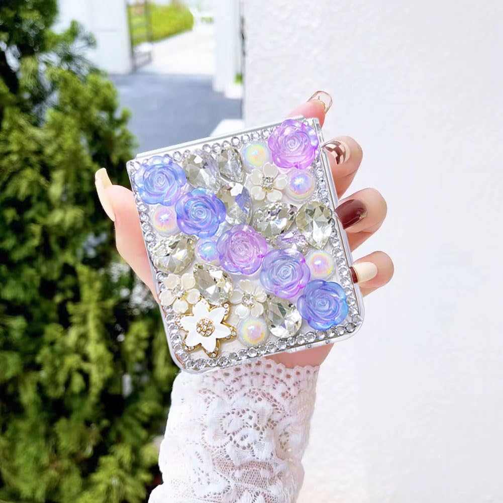 for Samsung Galaxy Z Flip 5/ Z Flip 6/ Z FLIP 7 FE Case Clear with 3D Flower Crystal Glitter Girly Women Cute Design Protective White Purple Floral Sparkles Aesthetic Shockproof Luxury Cover image 4