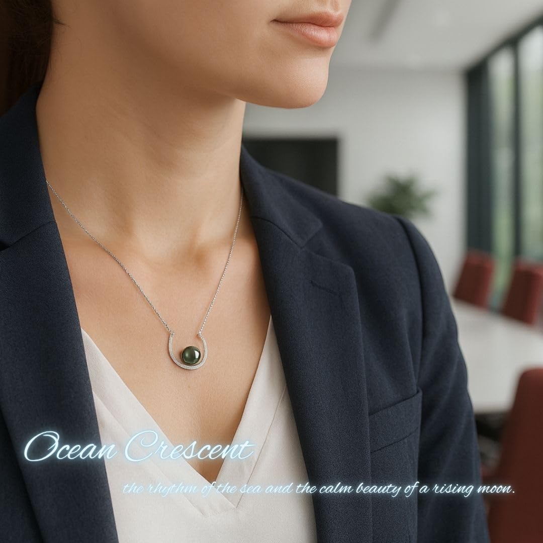 Lunar Belle 925 Silver Tahitian Black Pearl Pendant Necklace with Moissanite Halo, Gift for Wife Mother's Day Anniversary (Ocean Crescent) - Image 5