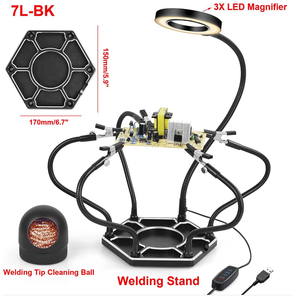Stazione di saldatura a cinque artigli,Stazione Saldatura per Mani d'Aiuto,con Lente d'Ingrandimento 3X LED Dimmerabile,Saldatura Flessibile per Mani d'Aiuto con 5 Bracci di Supporto