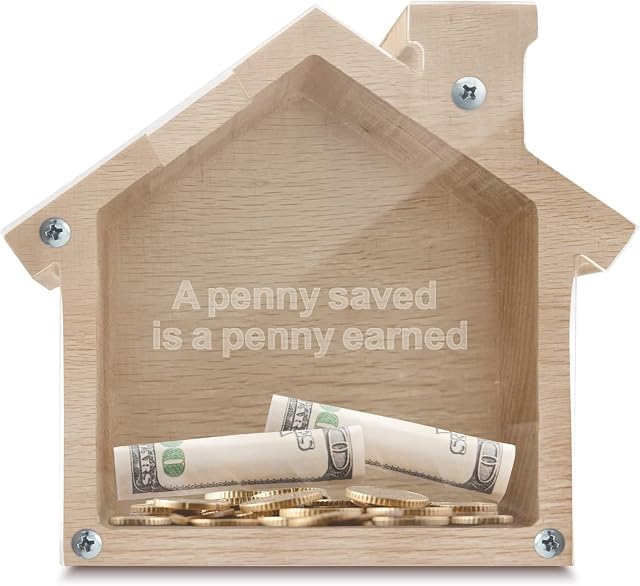House Piggy Bank for Adults and Kids - Wooden Savings Box for Travel, College Fund & Loose Change Organisation - Reusable Coin Bank for Home Decor