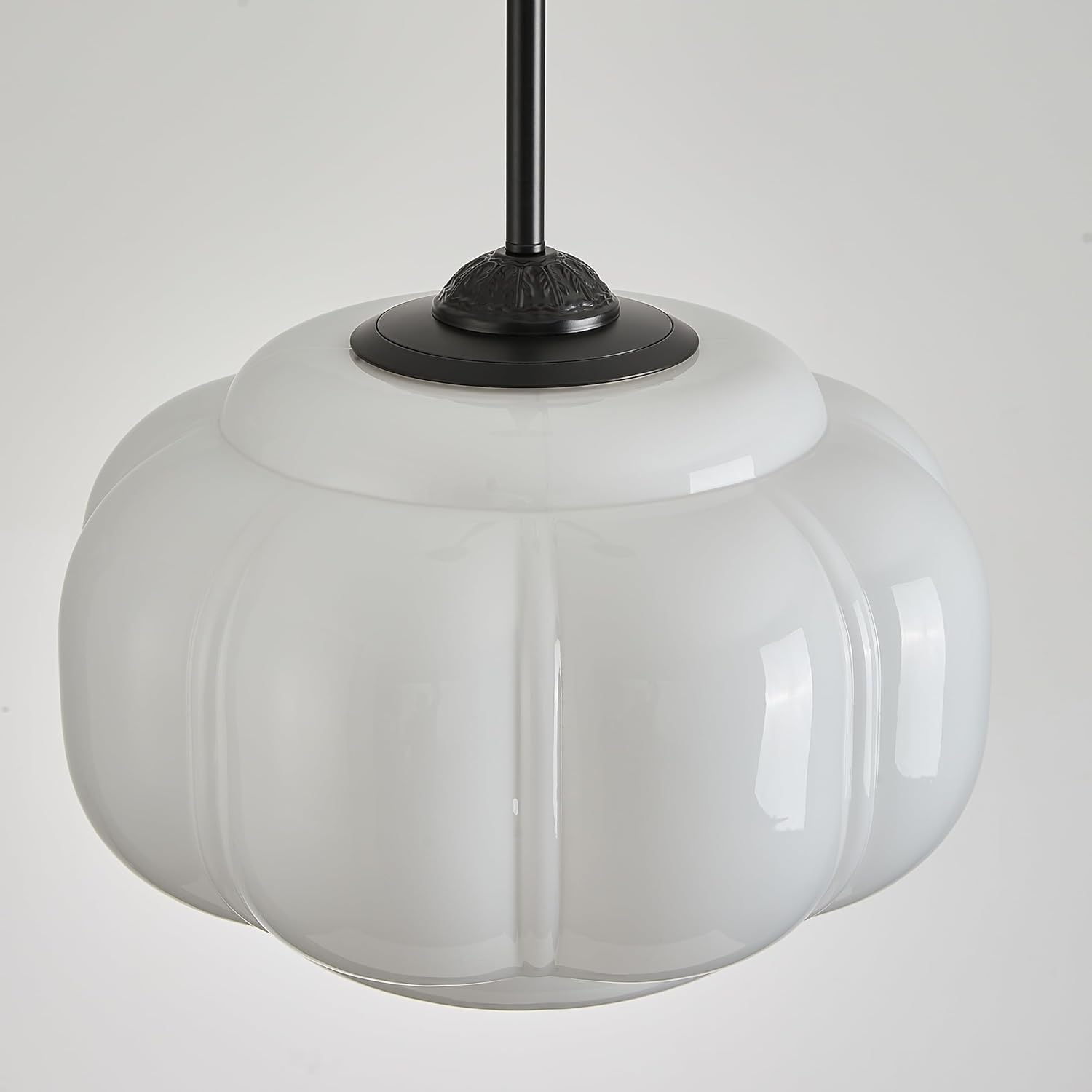 Milk Glass Ceiling Light Fixture, 15" Vintage Scallop Semi Flush Mount Pendant Light, Schoolhouse Light Fixture - Antique Chandelier for Kitchen, Hallway, Dining Room, White/Black
