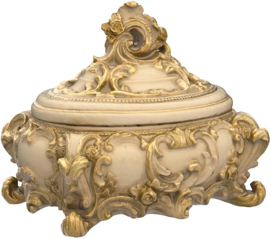 Touch of Class Oliviana Covered Box - Resin - Ivory, Gold - Victorian Style - Acanthus Leaves - Vintage Decor for Jewelry, Trinkets, Keys - Place in Bedroom, Bathroom, Foyer, Entryway