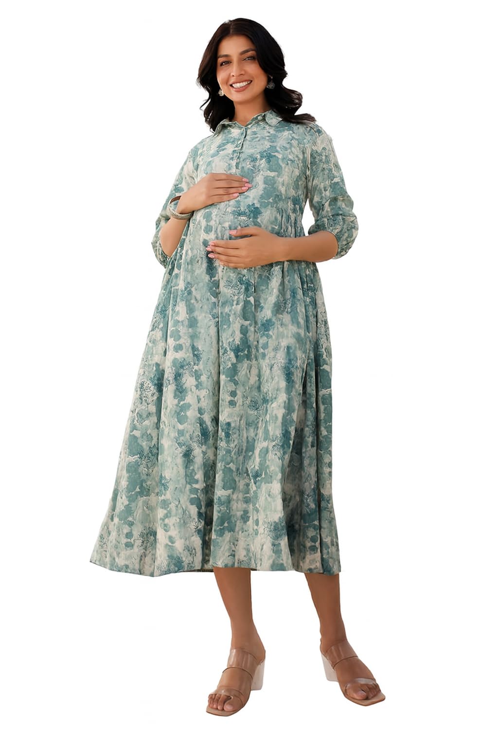 klubbies Watercolor Bloom Maternity Dress – Floral Printed, Collared, Long Sleeve, Calf-Length – Pregnancy Wear for Women-picture-22