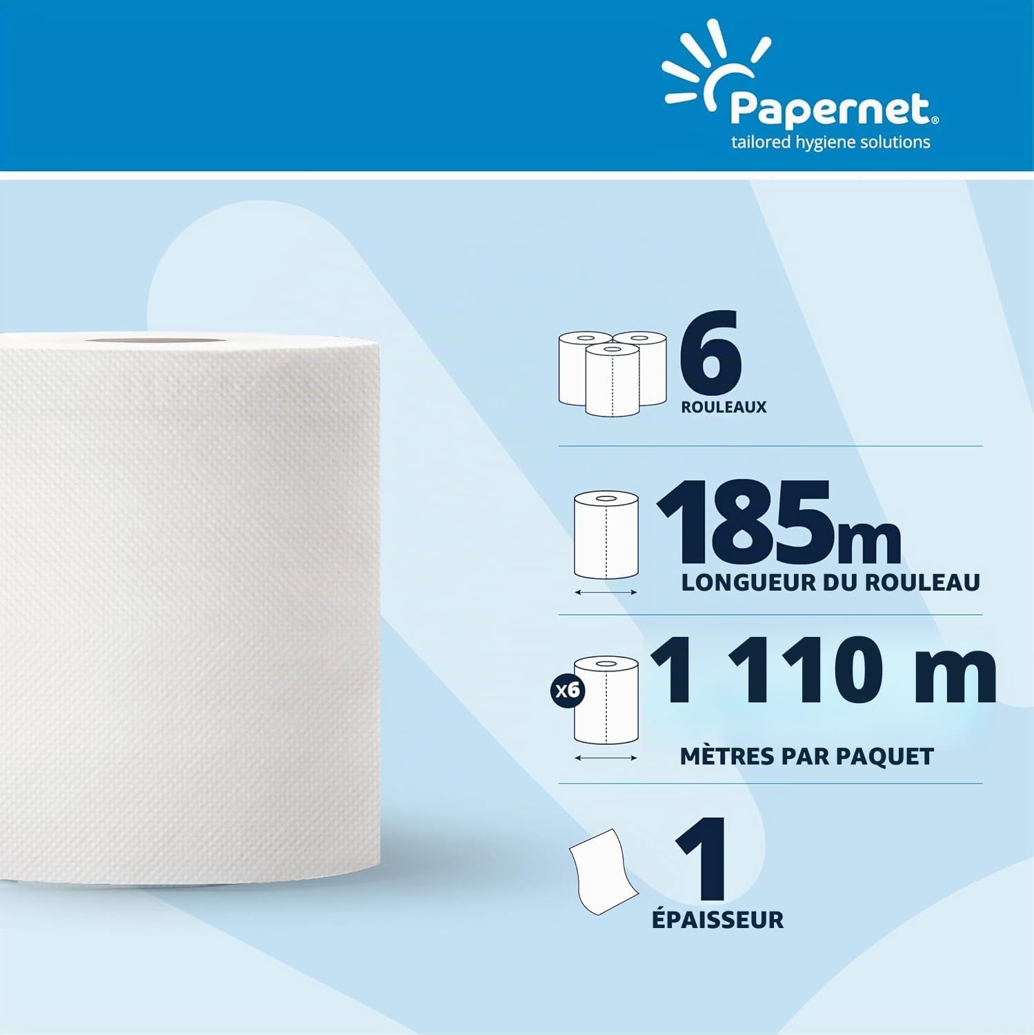 Papernet - Essuie-Mains en Papier en Rouleau Autocut 416604, Paquet de 6 Rouleaux en Papier Recyclé de 185m Chacun, 1 Pli, Services de 20cm, Blanc