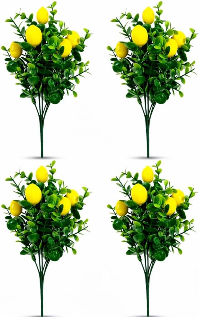4 Pcs Lemon Stems, 7 Forks Artificial Lemon Branches, Realistic Faux Yellow Fake Fruit Stems for Kitchen Home Table Centerpiece, Summer Party Shower Vase Floral Deco Party Decorations