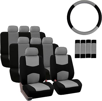 TLH Flat Cloth Gray Seat Covers 3 Row, 8 Seaters w/Steering Wheel Cover and Seat Belt Pads Combo, Universal Fit Car Seat Protectors Automotive Seat Covers Accessories for Cars, Trucks, SUV