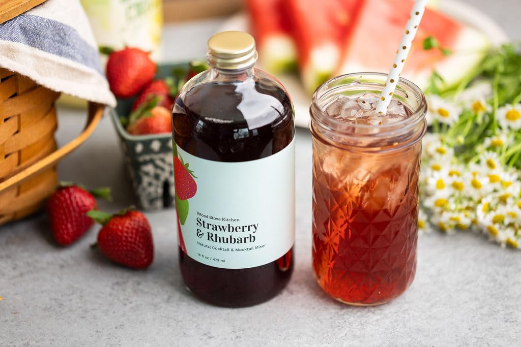 Wood Stove Kitchen - Strawberry & Rhubarb Mix | Cocktail & Mocktail Mixer - Natural Craft Syrup with Tasty Flavors - Concentrated & Alcohol Free - Aromatic, Honey, 16 oz.