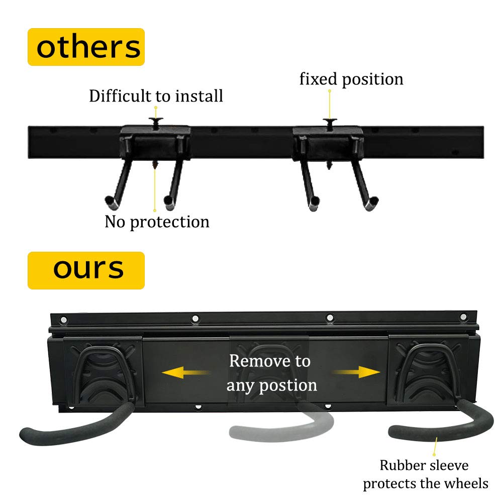 Wall Bike Rack Storage Holds 5 Bicycles and 3 Helmets for Garage Space Saving?Adjustable Heavy Duty Bike Wall Stand Hanger Fits All Bikes even Wide tire mountain bike and beach cruiser, hold 520 lb