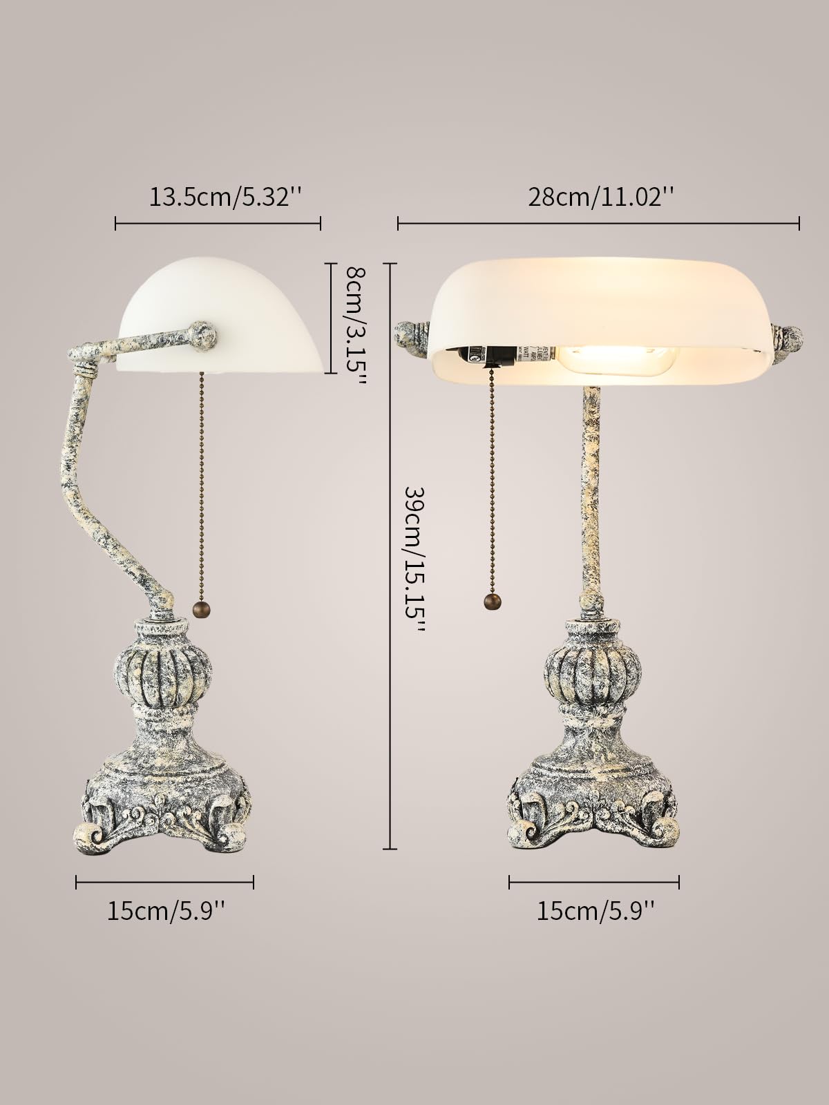 Retro White Mattglas Banker Schreibtischlampe für Home Office, Bibliothek mit Pull -Kettenschalter -Stecker, LED -Glühbirne enthalten