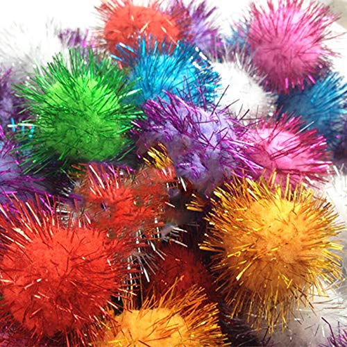 Perlin Plush Pompoms Set of 100 with Silver Glitter, 15mm, Mixed Colors, Material: Stone, for DIY Crafts, Silver,Black