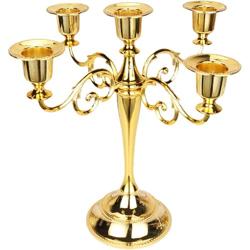 MMEXPER 5-Candle Metal Candelabra Centerpiece Candle Stand Home Decoration for Event, Wedding, Party, Regular-Gold