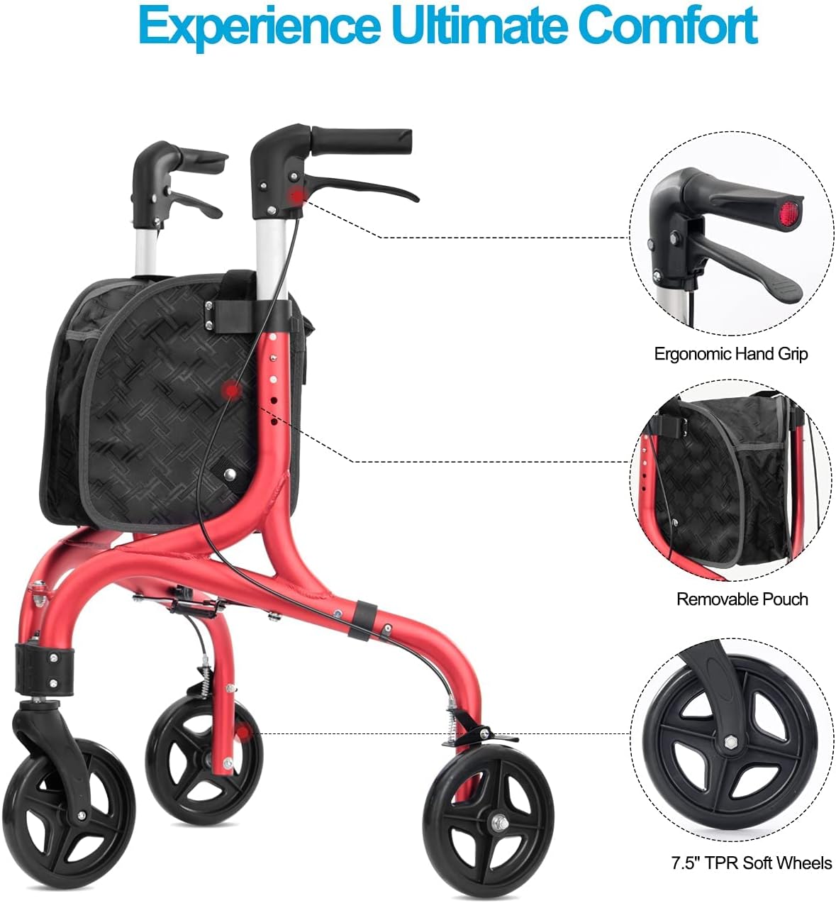 Planetwalk Premium 3 Wheel Rollator Walker for Seniors - Ultra Lightweight Foldable Walker for Elderly, Aluminum Three Wheel Mobility Aid, Brilliant Red : Health & Household