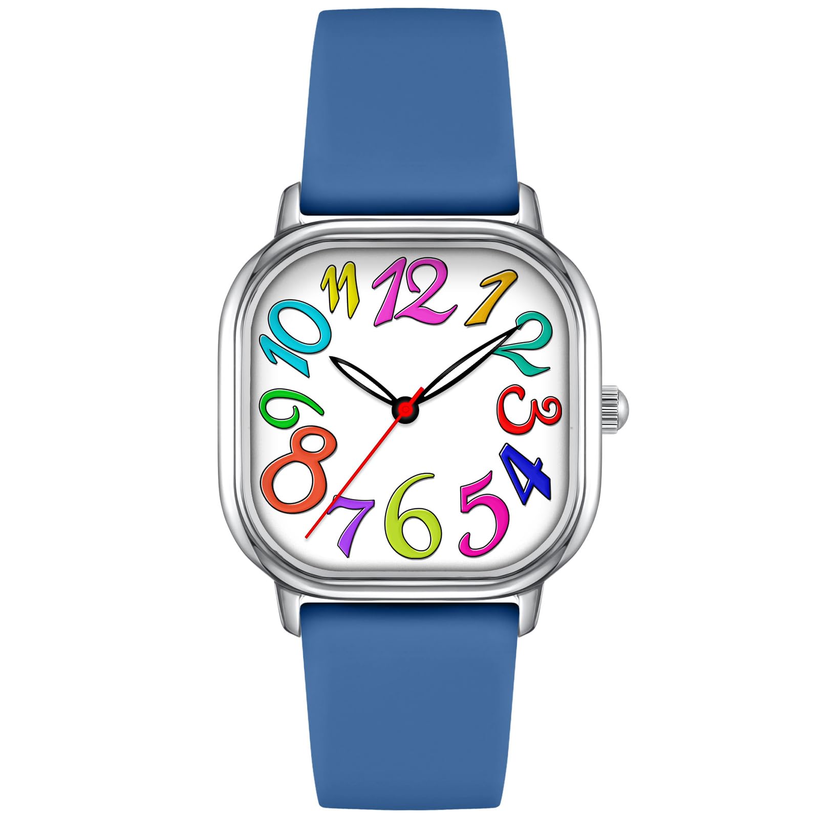 Asan Ge Reloj analógico para mujer con esfera cuadrada con números grandes coloridos y manecillas luminosas, correa de silicona azul, resistente al agua hasta 3 ATM