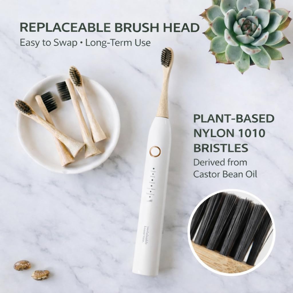 Sustainable Tomorrow Zen Bamboo Spazzolino da denti elettrico per adulti, modello wireless perlato, ricaricabile con setole morbide a base vegetale, teste in bambù, 5 modalità e batteria a lunga
