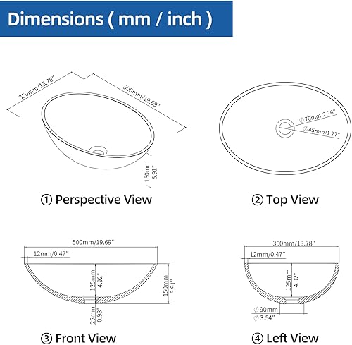 Miniatura 4 de Fregadero ovalado de 20 x 14 pulgadas, color blanco mate, con forma de huevo, para colocar encima de la encimera, lavabo para baño, 2223