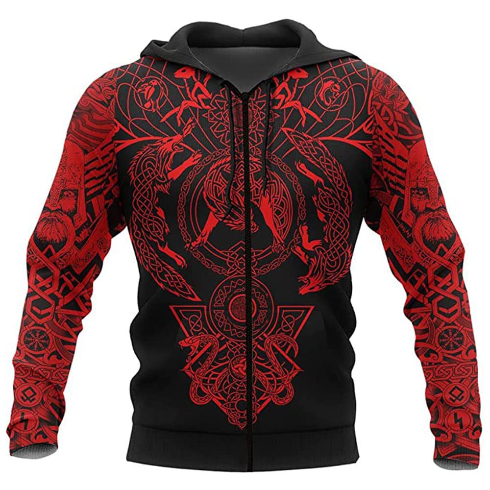 XININXIMEN Odin viking Ravens zip hoodie warriors Nordic Mythology Patten Casual Taille Plus zip up (3XL,Red wolf)
