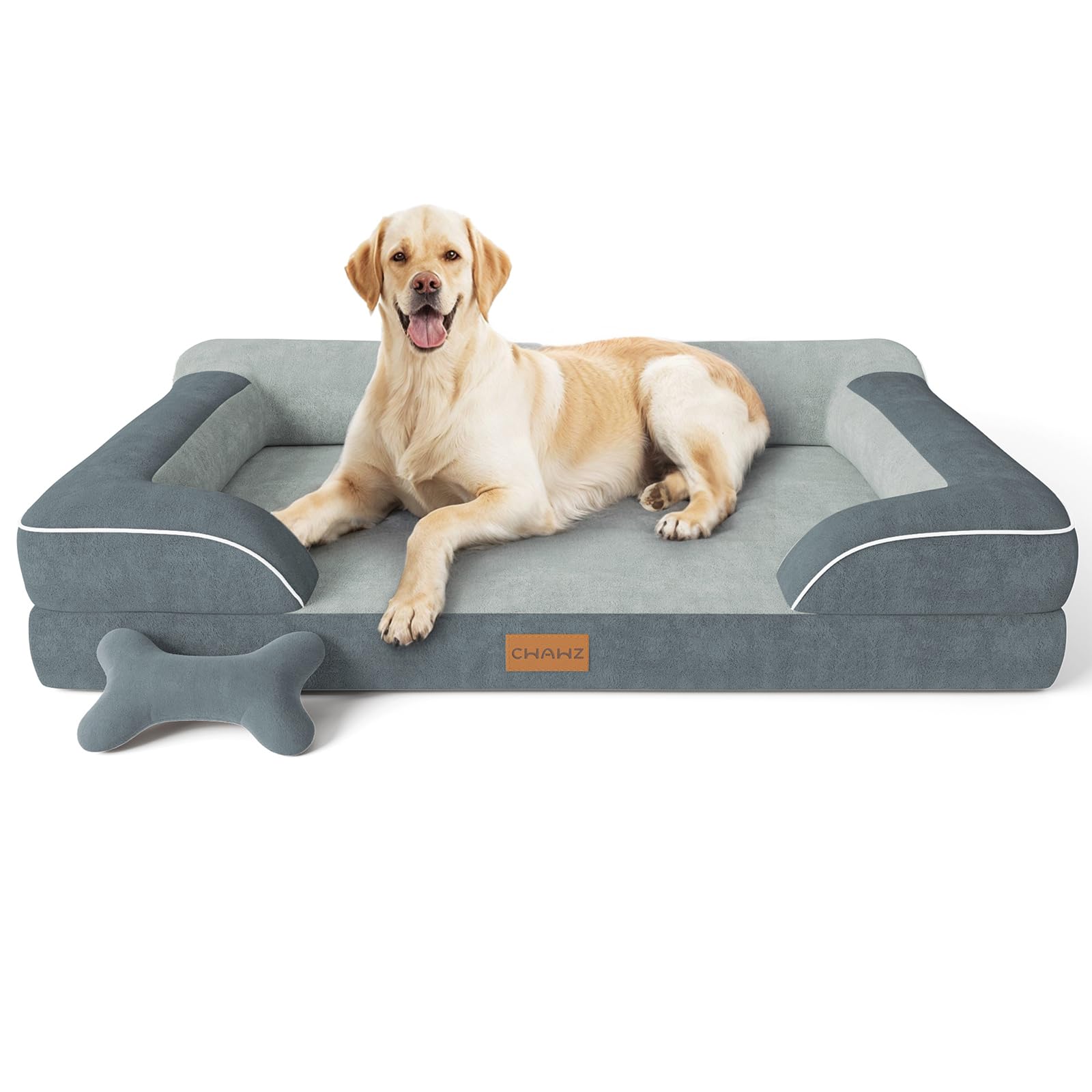 CWAWZ Jumbo Dog Bed for Extra Large Dogs, Orthopedic Dog Bed with Cooling Gel Memory Foam, Waterproof Pet Bed with Removable Washable Cover, 114x89x24cm Pet Sofa Velvet with Bone Toy, Dark Gray