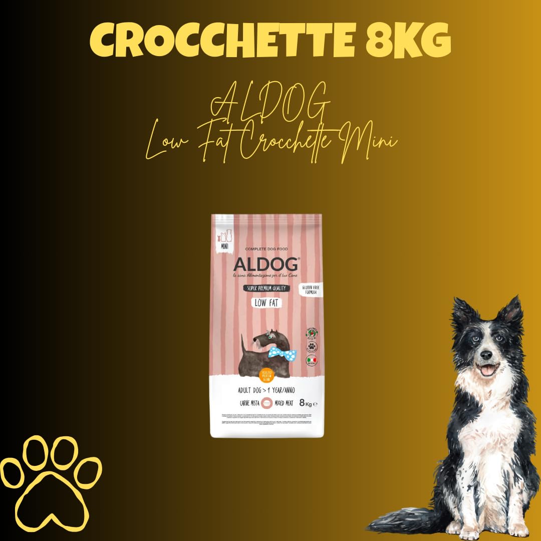 Cane Aldog Crocchette Multiproteiche per Cani, alimento per cani adulti anziani o in sovrappeso di tutte le razze, N. ALDOG LOW FAT Crocchette Mini gusto Carne Mista, 1 confezione da 8kg, 1x8kg.