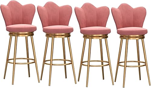 Miniatura 9 de Juego de 4 taburetes giratorios de terciopelo rosa, modernos taburetes tapizados de altura de mostrador con respaldo para isla de cocina, sillas de