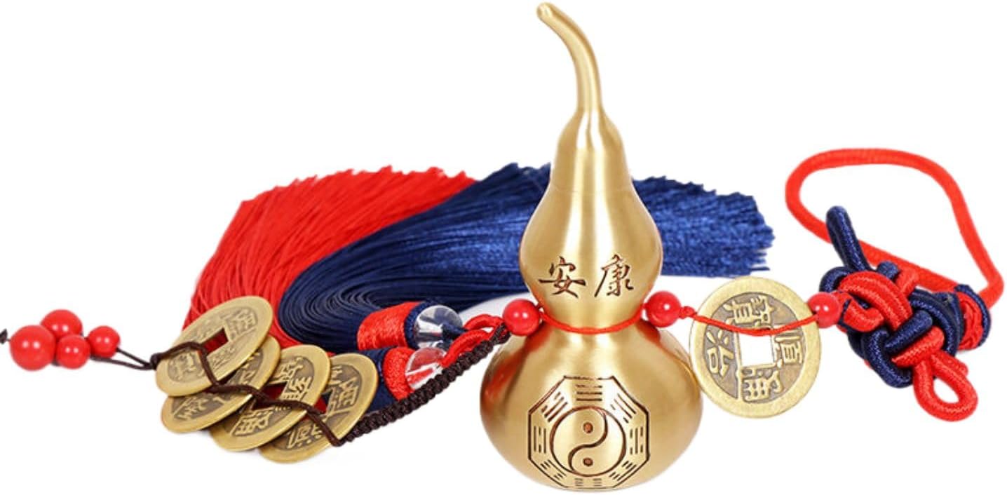 纯铜葫芦 Pure Copper Gourd Retro Home Decor Tabletop 摆件 Feng Shui Home Office Decor Chinese Gifts 开口八卦铜葫芦五帝钱 Chinese Fortune Feng Shui 汽车挂件车内吊饰 Men/Women 招财化门对门 8024