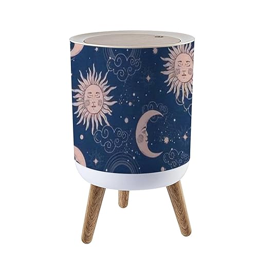 Bote de basura pequeño con tapa, sin costuras, sol cósmico y luna creciente, vintage, para astrología, redondo, papelera de reciclaje, a prueba de