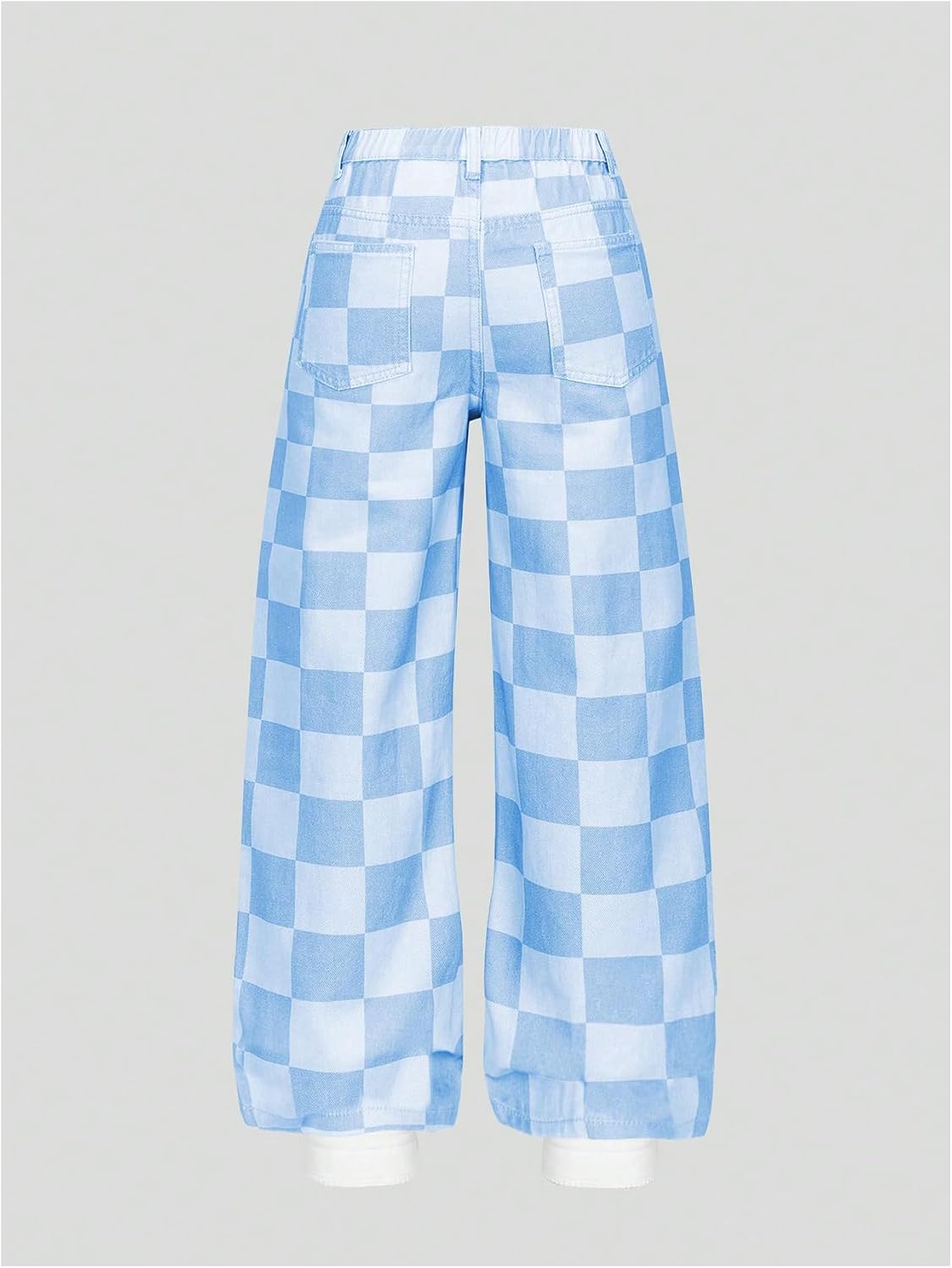 OYOANGLE Girl's Checkered Print Wide Leg Baggy Jeans Zipper Fly Straight Leg Elastic High Waist Denim Pants with Pocket