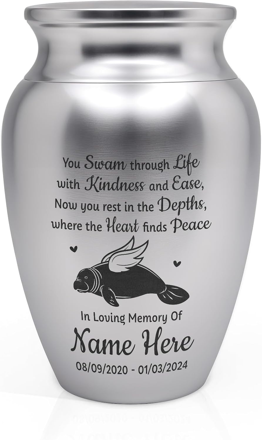 Artsy Woodsy Personalized Beach Mini Urn 2.56 inch, Remembrance Gifts for Loss of Loved One, Decorative Keepsake Urn with Engraved Beach Design, Mini Urns for Human Ashes (Manatee, 2.56x1.77)