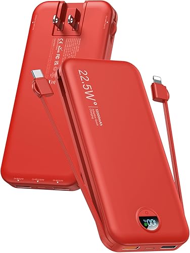 Cargador portátil con cargador portátil, 12000 mAh, 22.5 W, USB C, carga rápida con cables integrados y enchufe de pared, batería 5 en 1 con